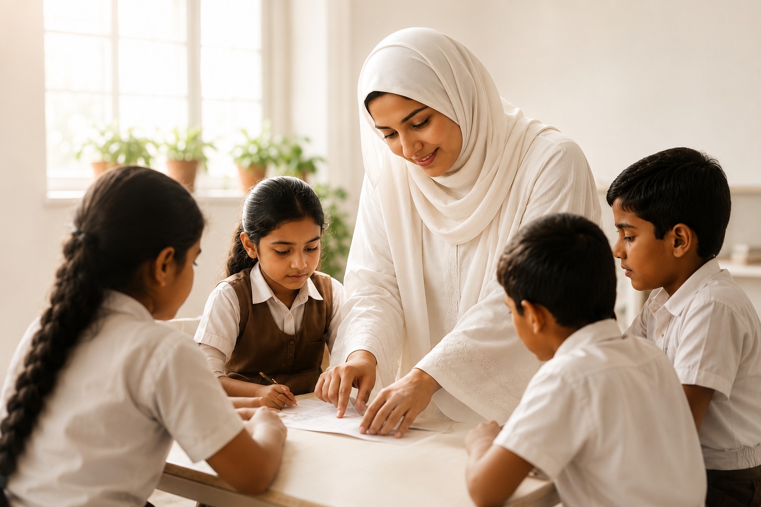 A hijabi woman teacher guiding young children through a lesson